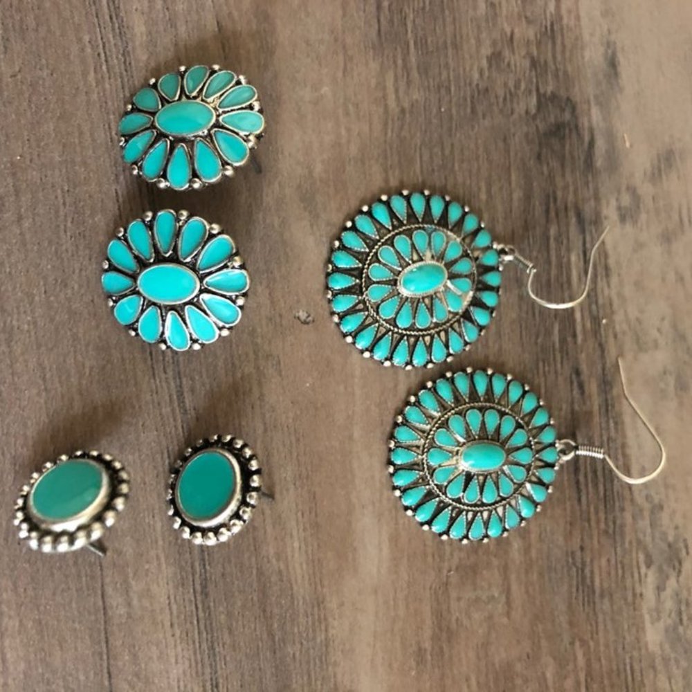 Faux Turquoise Earring Set 3 Pairs Squash Blossom - Picture 3 of 8